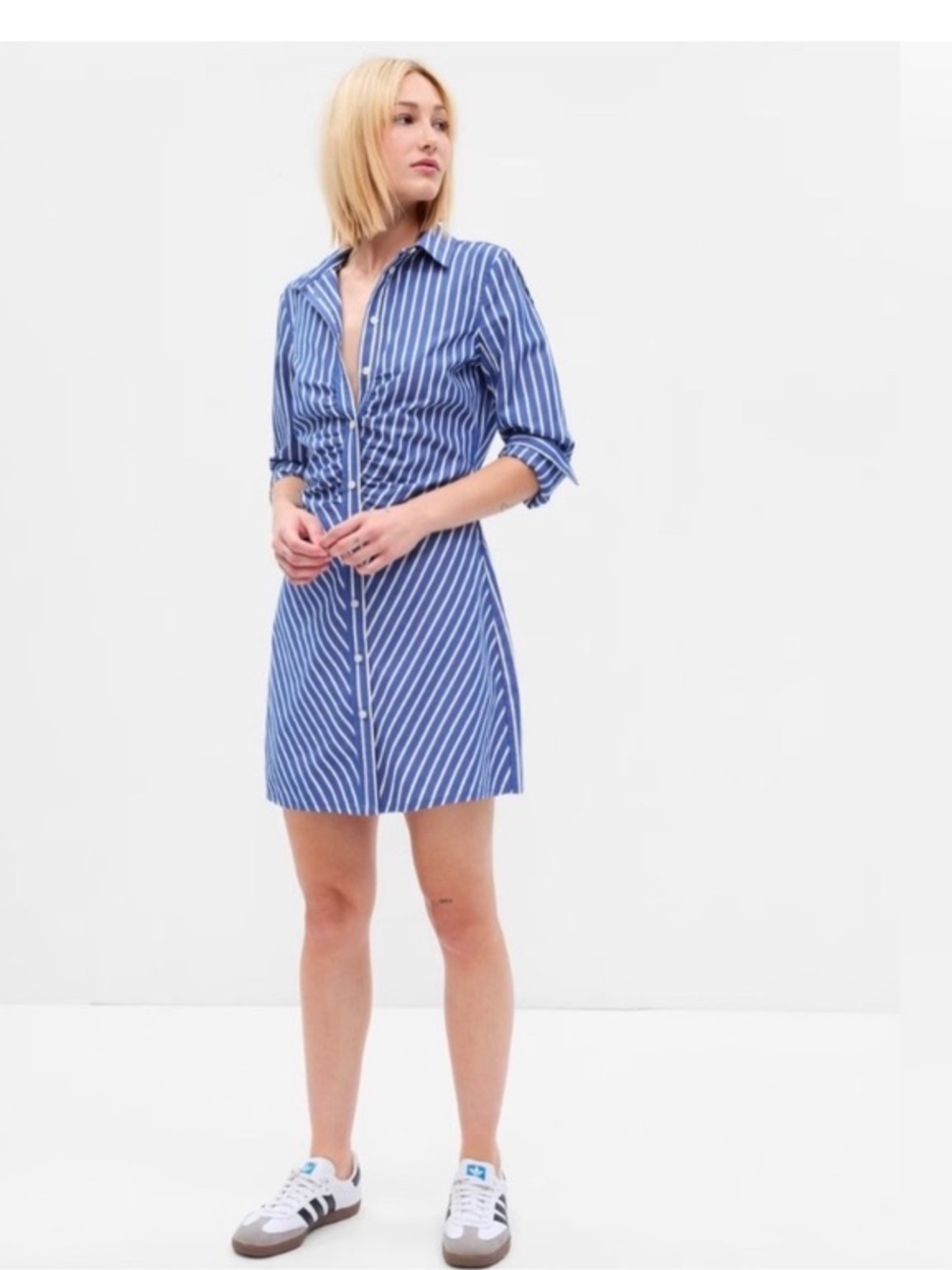 Gap Blue and White Striped Ruched Shirtdress Sz M